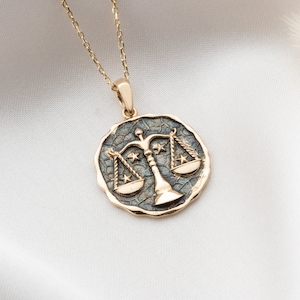 14K Gold Libra Coin Pendant | Astrological Horoscope Charms | Double-Sided Scales of Justice Zodiac Pendant
