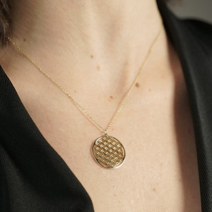 14K Solid Gold Flower of Life Necklace, Minimalist Gold Jewelry, Gold Medallion, Gift for Her, Symbol of Perun, Gift for Valentine