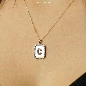 Colar com inicial em ouro maciço 14K e espelho, pingente de letra personalizado com zircônia, pingente brilhante, colar com medalhão, presente para ela