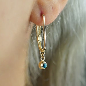14K Solid Gold Evil Eye Paperclip Earrings, Blue Beaded Evil Eye Earring, Talisman Earrings, Dangling Earring, Dangle Earring, Gift for Her