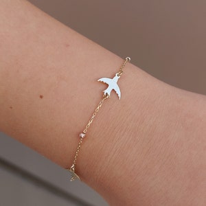 14K Solid Gold Bird Bracelet: Minimalist Seagull Charm