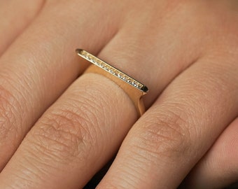 14K Solid Gold Line Ring with Zircon Stone, Yellow Flat Cut Ring, Horizontal Gold Bar Ring, Dainty Minimalist Ring, Delicate Gift for Her