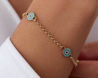 Evil Eye Bracelet, 14K Solid Gold Evil Eye Bracelet, Blue and White Enamel Evil Eye