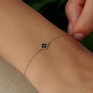 14 K Solid Gold Black and White Enamel Four Leaf Clover Bracelet, Dainty Bracelet Gift