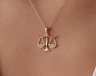 14 k Solid Gold Libra Necklace , Scales of Justice Necklace, Libra Gifts, Gold Chain Necklace