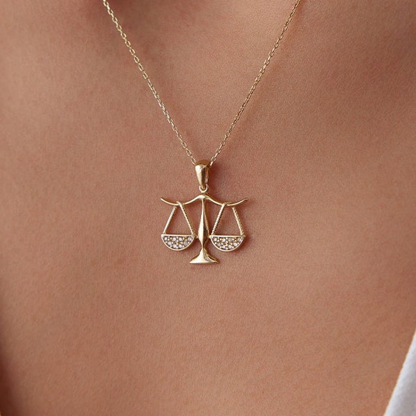 14 k Solid Gold Libra Necklace , Scales of Justice Necklace, Libra Gifts, Gold Chain Necklace