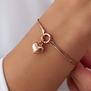14K Solid Gold Heart Bracelet, Sailor Lock Clasp Paperclip, Herringbone Chain Bracelet, Heart Shaped Charm Italian Bracelet, Gift for Her