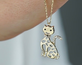 14K Solid Gold Cat Necklace, Dainty Unique Kitty Shaped Pendant, Sitting Cat Necklace, Delicate Kitten Charm, Cute Cat Pendant, Gift for Her