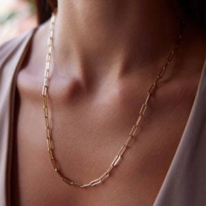 14K Solid Gold Paperclip Chain Necklace: Elongated Link Pendant