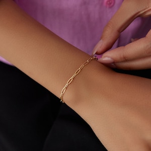 14k Solid Gold Paperclip Chain Bracelet, Dainty Paper Clip Chain Bracelet, Link Chain Bracelet, Bracelet for Women