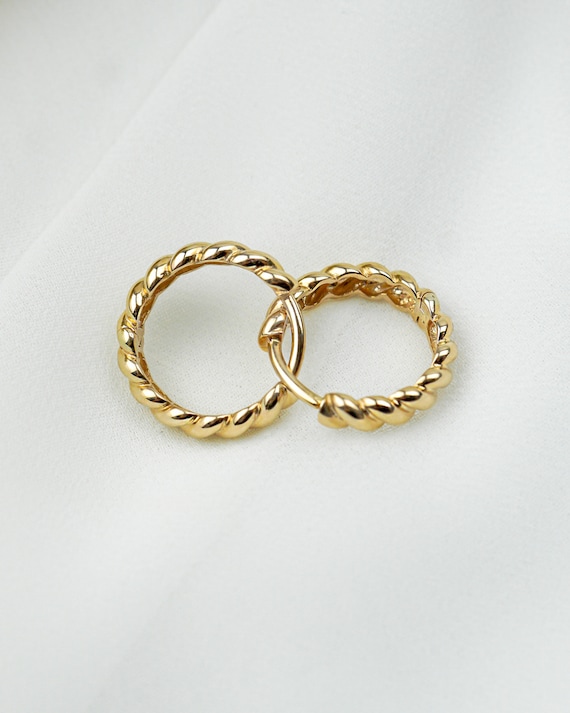 14K Gold Twisted Hoop Earrings: Braided Huggies, Dainty Wrap