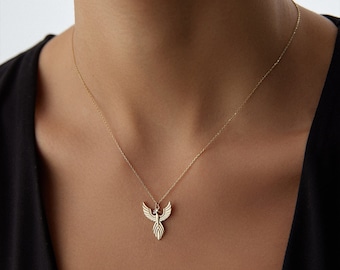 14K Solid Gold Phoenix Necklace, Firebird Simurgh Pendant, Mom&#39;s Birthday Gift, Best Mother&#39;s Gifts