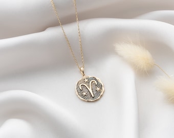 Colgante de moneda de Aries de doble cara en oro de 14 quilates, dije del zodiaco, collar de carnero celestial