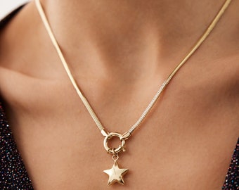 14K Solid Gold Star Necklace, Sailor Lock Clasp, Herringbone Chain Necklace, Star Shaped Charm Italian Necklace, Gift for Her