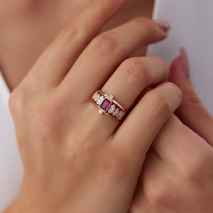 14k Gold Rubin Krone Ring | 14k Solid Gold Rot Rubin Statement Ringe für Frauen | 14k Rose Gold Band Diamant Rubin Krone Ring für Sie