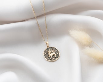 14K Gold Leo Zodiac Pendant: Double-sided Astrological Necklace