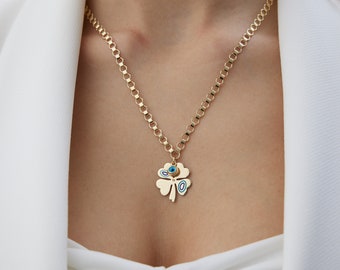 14K Solid Gold Turquoise White Enamel Clover Necklace, Dainty Four Leaf Clover Pendant, Real Gold Double Faced Charm, Gift for Best Friend