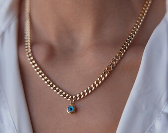 14 K Solid Gold Cuban Chain with Evil Eye Charm Necklace, Everyday Wear Necklace