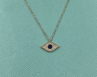 14K Solid Gold Evil Eye Halskette: Türkis & Zirkon Anhänger