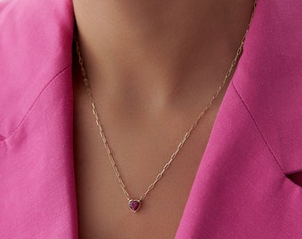 14 K Solid Gold July Birthstone Ruby Minimal Heart Necklace With Mini Paperclip Chain