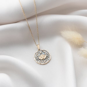 14K Gold Cancer Zodiac Pendant | Astrological Horoscope Charms | Celestial Crab Necklace | Double-Sided Coin Jewelry