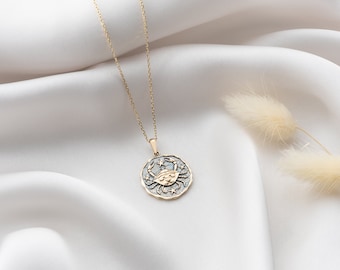 14K Gold Cancer Zodiac Pendant | Astrological Horoscope Charms | Celestial Crab Necklace | Double-Sided Coin Jewelry