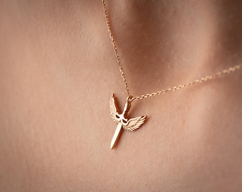 14K Gold Archangel Michael Pendant Necklace | Guardian Angel Minimal Jewelry | Ideal Gift for Her