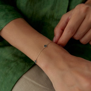 14 K Solid Gold Black and White Enamel Four Leaf Clover Bracelet, Dainty Bracelet Gift