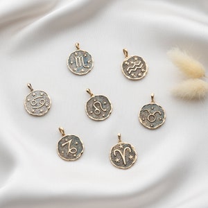 Puede incluir: Un conjunto de colgantes de signo del zod&iacute;aco de color dorado sobre un fondo blanco. Cada colgante presenta un s&iacute;mbolo del zod&iacute;aco diferente, incluidos Aries, Tauro, G&eacute;minis, C&aacute;ncer, Leo, Virgo, Libra, Escorpio, Sagitario, Capricornio, Acuario y Piscis.