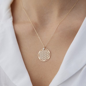 14K Gold Flower of Life Necklace, Minimalist Gold Jewelry, Flower of Life ol, Gold Medallion, Gift for Her, Gift for Valentine