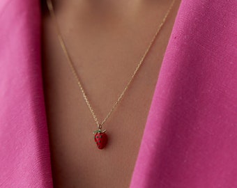 14k Gold Red Enamel Strawberry Pendant Necklace: Cottagecore Charm