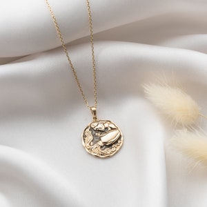 14K Gold Aquarius Coin Pendant | Astrological Horoscope Charms | Double-Sided Water Bearer Necklace
