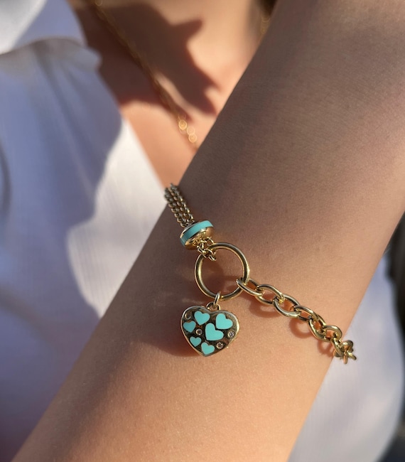 14K Solid Gold Double Chain Bracelet: Blue Enamel Heart Charm