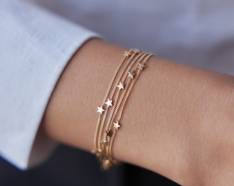 14k Gold Star Bracelet, Multi Minimal  Tiny Star Bracelet, 14k Solid White, Yellow, Rose, Dainty Gold Star Charm, Celestial Bracelet, Luz