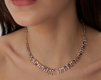 14 K Solid Rose Gold Designer Necklace with Sapphire, Emerald, Ruby, Turquoise and Amethist, Summer Necklace