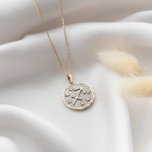 14K Gold Double-Sided Sagittarius Coin Pendant, Zodiac Charm, Centaur Necklace