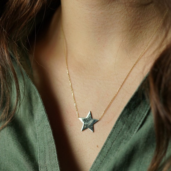 14K Solid Gold Shiny Star Shaped Necklace Dainty Gold Star