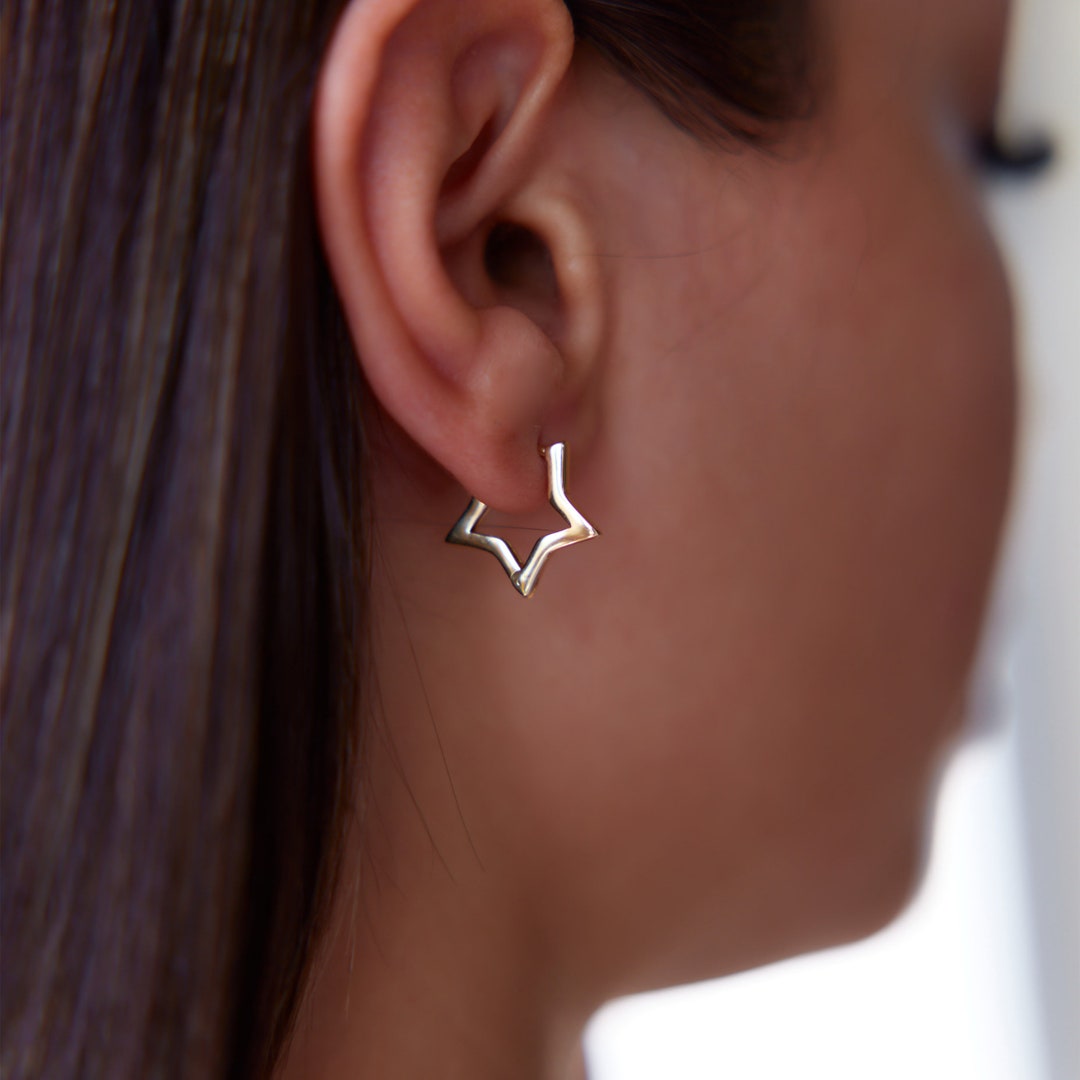 14K Solid Gold Star Hoop Earrings, Huggie Hoop Earring