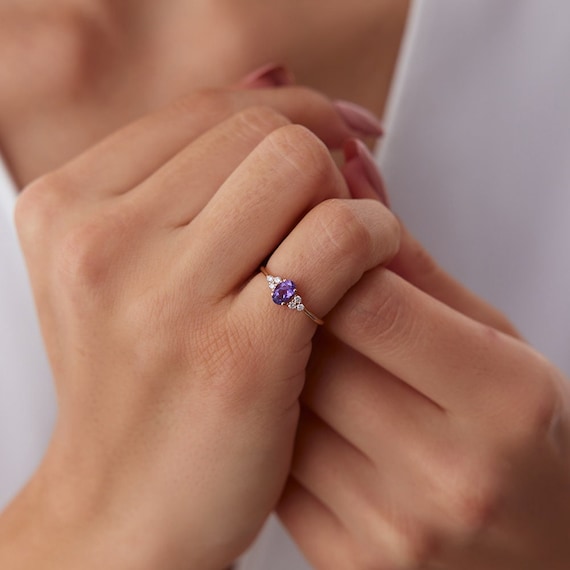 14K Gold Amethyst Diamond Ring: Dainty Oval Purple Stone