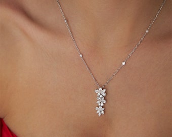 18 K White Solid Gold and Real Diamons Trio Flower Necklace, Bridal Diamond Necklace