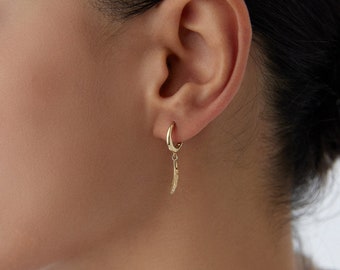 14K Solid Gold Feather Earrings: Dainty Minimalist Dangling Earrings