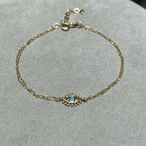 Pulsera de ojo pequeño, pulsera delicada, joyería de verano, pulsera de ojo malvado de oro macizo de 14k, pulsera minimalista, regalo de cumpleaños, pulsera de ojo malvado