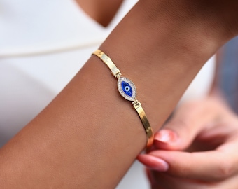 14K Gold Evil Eye Bracelet, Herringbone Chain Bracelet, Blue Enamel Protection Bracelet, Gold Amulet Evil Eye, Gift for Her