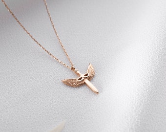 14K Gold Archangel Michael Pendant Necklace, Ideal Gift for Her, Guardian Angel Minimal Jewelry