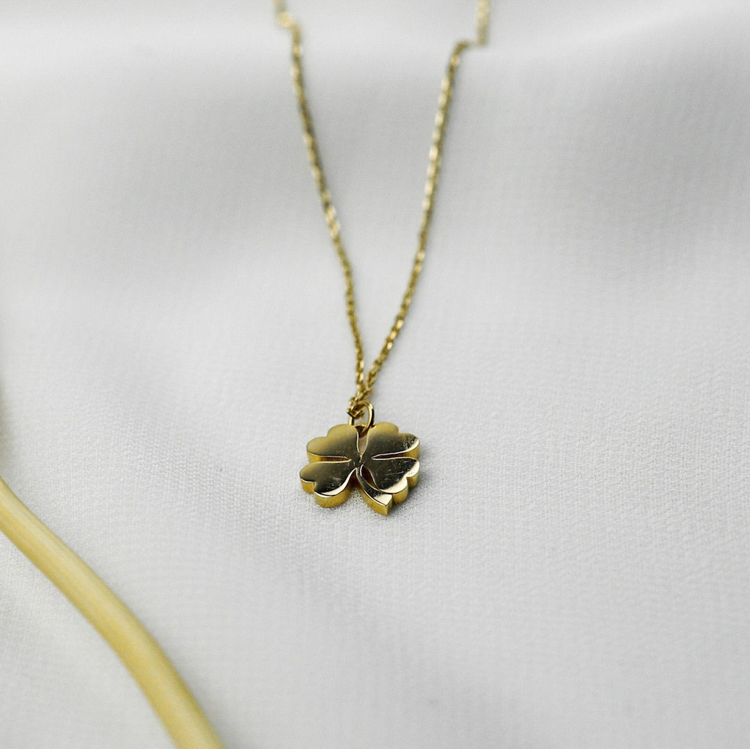 14K Solid Gold Clover Necklace: Dainty Good Luck Charm - Etsy