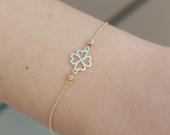 14 K Solid Gold Clover Bracelet, Minimalist Clover Bracelet, Chic Bracelet, Charm Bracelet, One Clover Bracelet