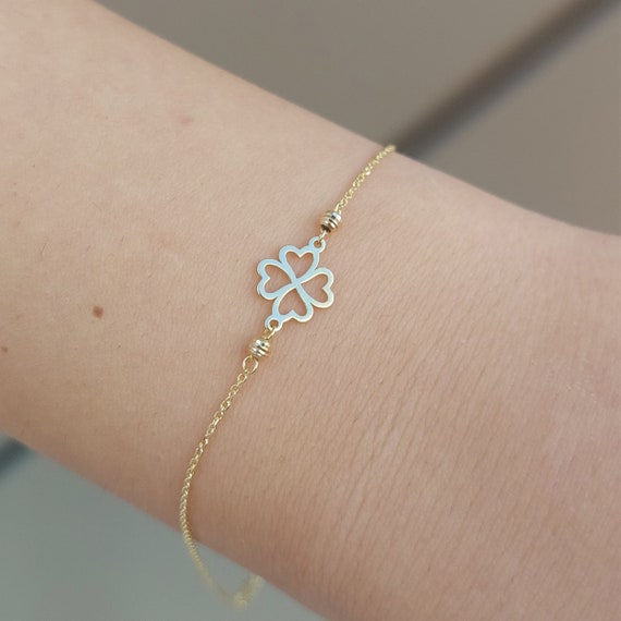 14K Solid Gold Clover Bracelet: Minimalist Charm Bracelet