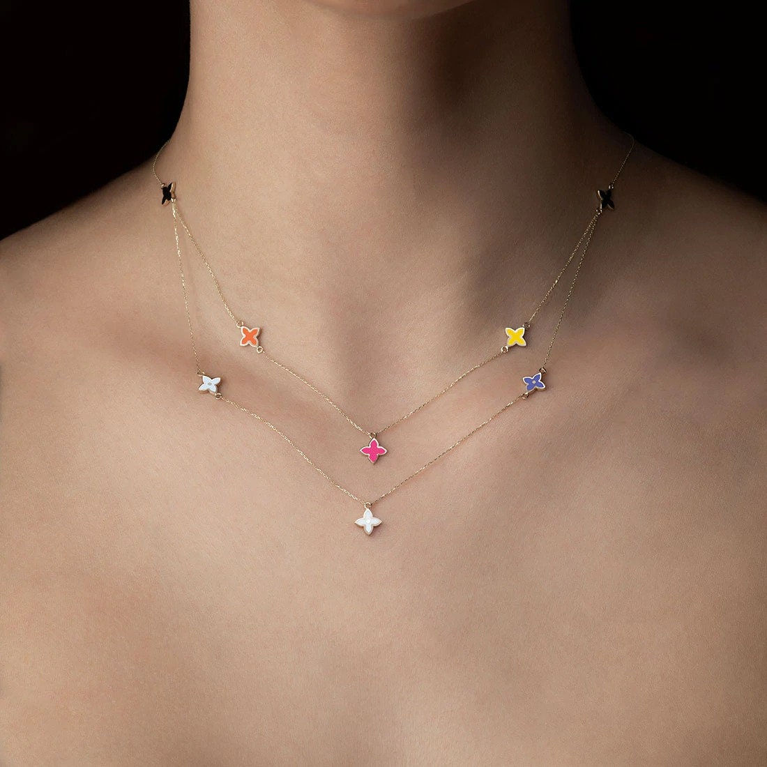 14K Solid Gold Clover Necklace: Multi-Color Four Leaf Pendant