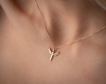 14K Solid Gold Guardian Archangel Michael Necklace, Gift for Her Minimal Everyday Jewelry, Gold Guardian Archangel Michael Pendant