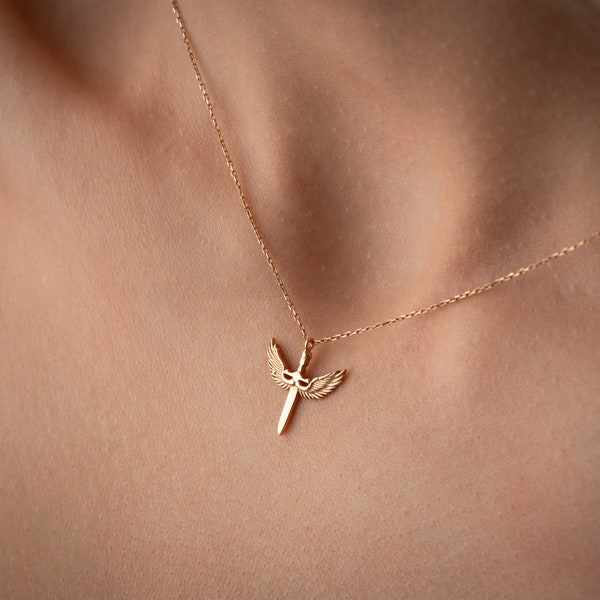 Collier Archange Michel en or massif 14 carats : pendentif gardien minimaliste